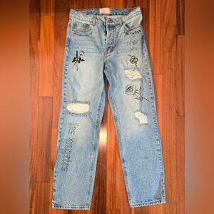 Revice Embroidered Lightwash Jeans Distressed Details Sz. 29 Straight Grunge